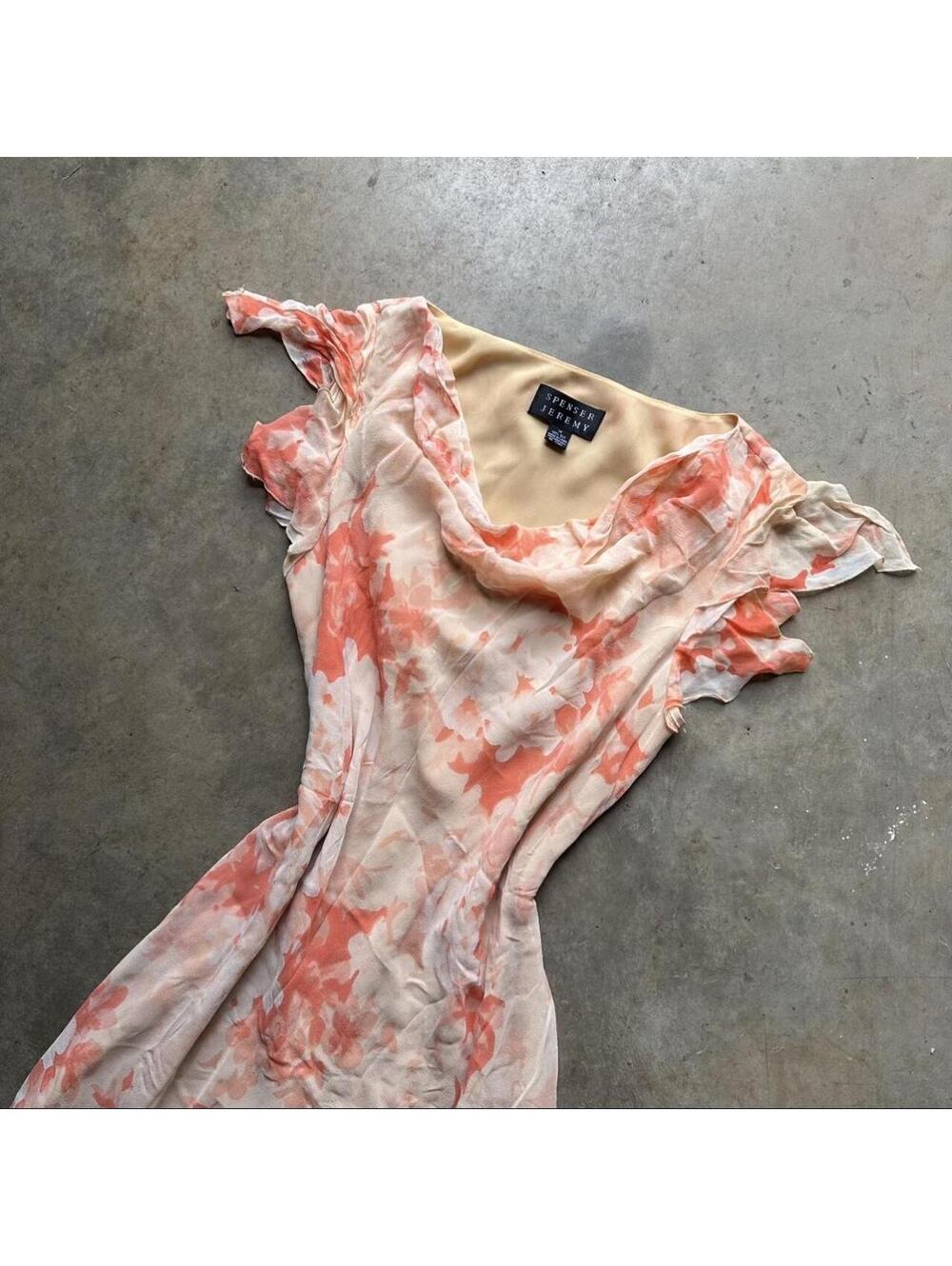 Y2K 2000s orange and cream floral print mini dress with ruffle sleeves and hem